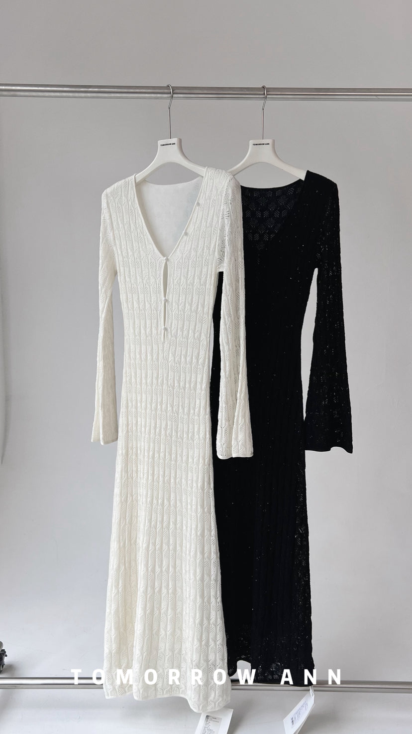 TOMORROW ANN 2026 Early Spring Elegant V-Neck Wool Blend Solid Color Maxi Dress