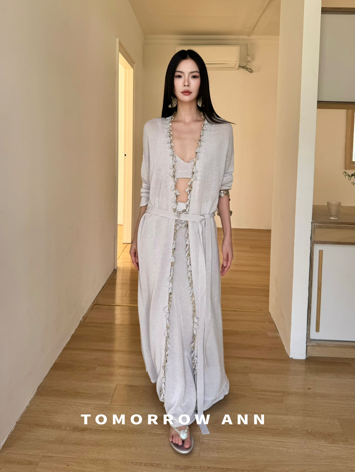 TOMORROW ANN Early Spring Washi Yarn Shell Resort Style Long Knit Cardigan with Waist Rope