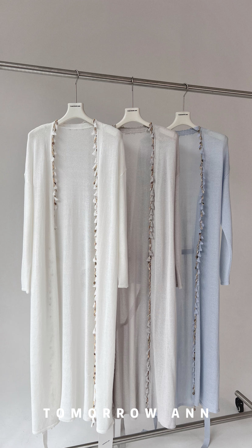 TOMORROW ANN Early Spring Washi Yarn Shell Resort Style Long Knit Cardigan with Waist Rope