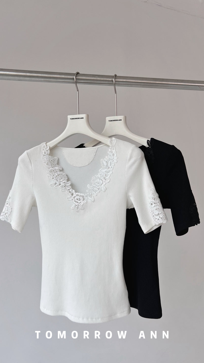Early Spring 2026! 【TOMORROW ANN】Vintage Lace Patchwork Slimming Knit Top 12895# OZQ