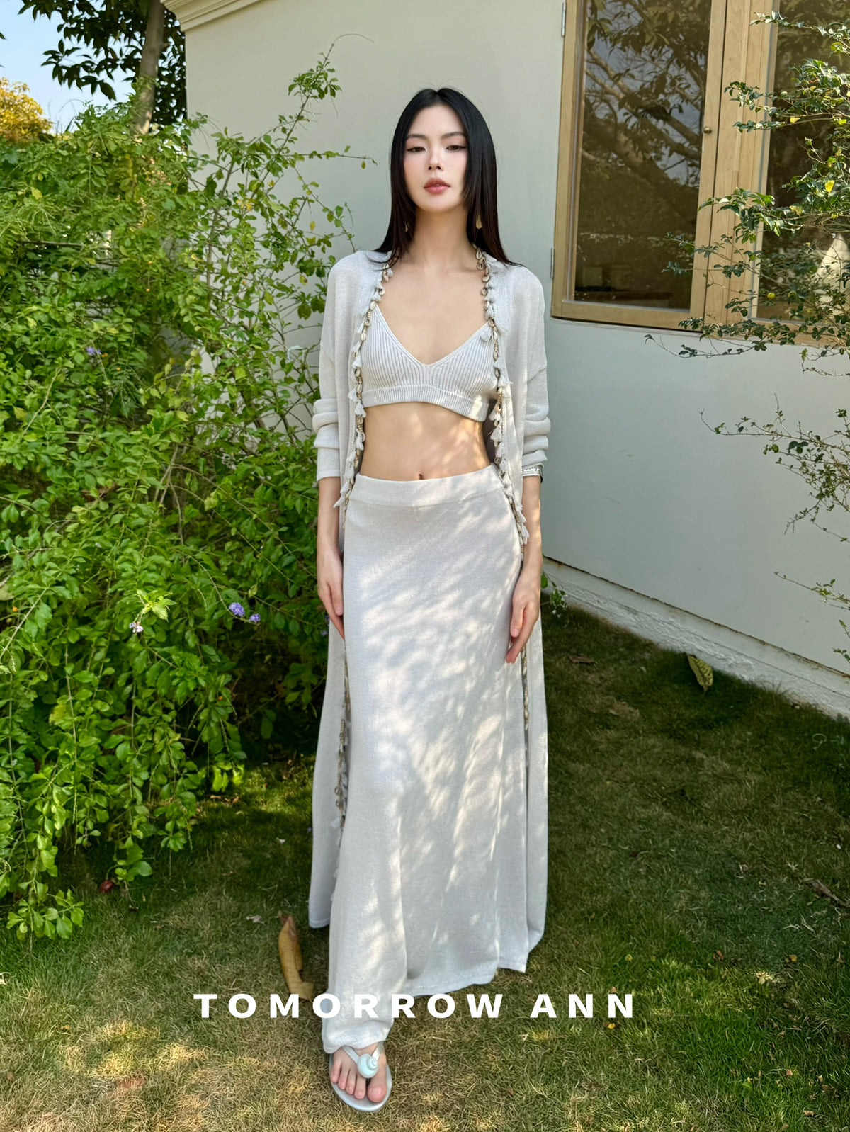 TOMORROW ANN Early Spring Washi Yarn Shell Resort Style Long Knit Cardigan with Waist Rope