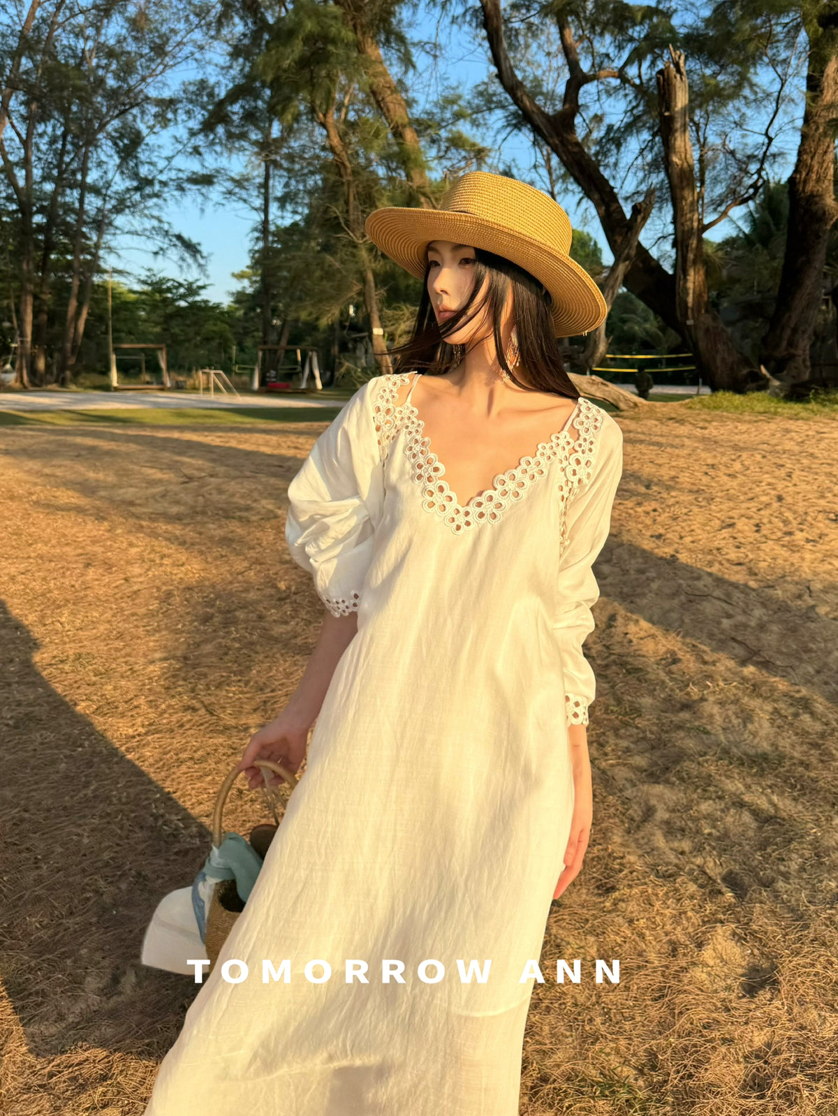 TOMORROW ANN Spring 2026 Elegant White Embroidery Cami Dress for Vacation