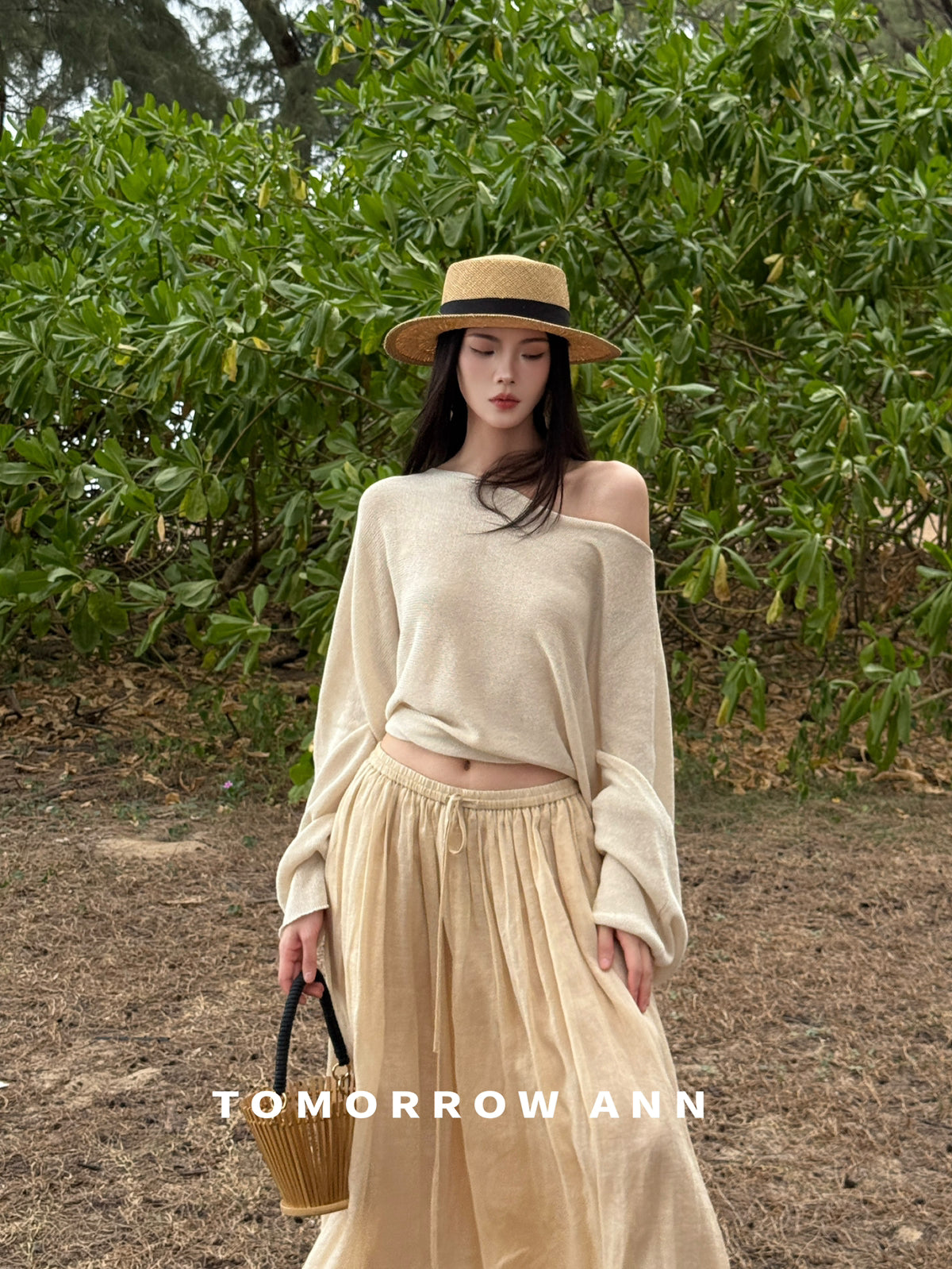TOMORROW ANN Elegant High-Waist A-Line Maxi Skirt with Minimalist Drawstring – 2026 Spring Fashion