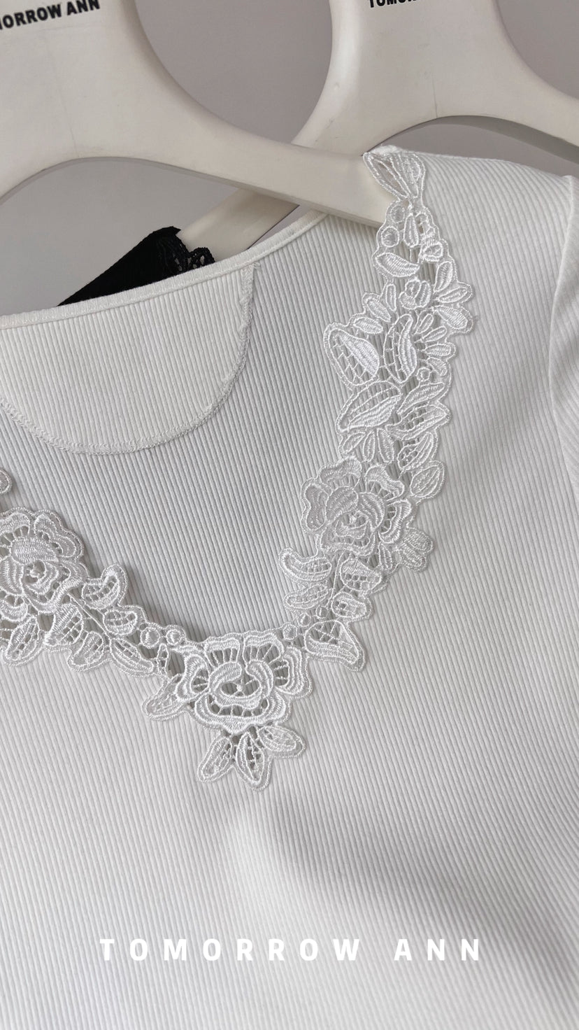 Early Spring 2026! 【TOMORROW ANN】Vintage Lace Patchwork Slimming Knit Top 12895# OZQ
