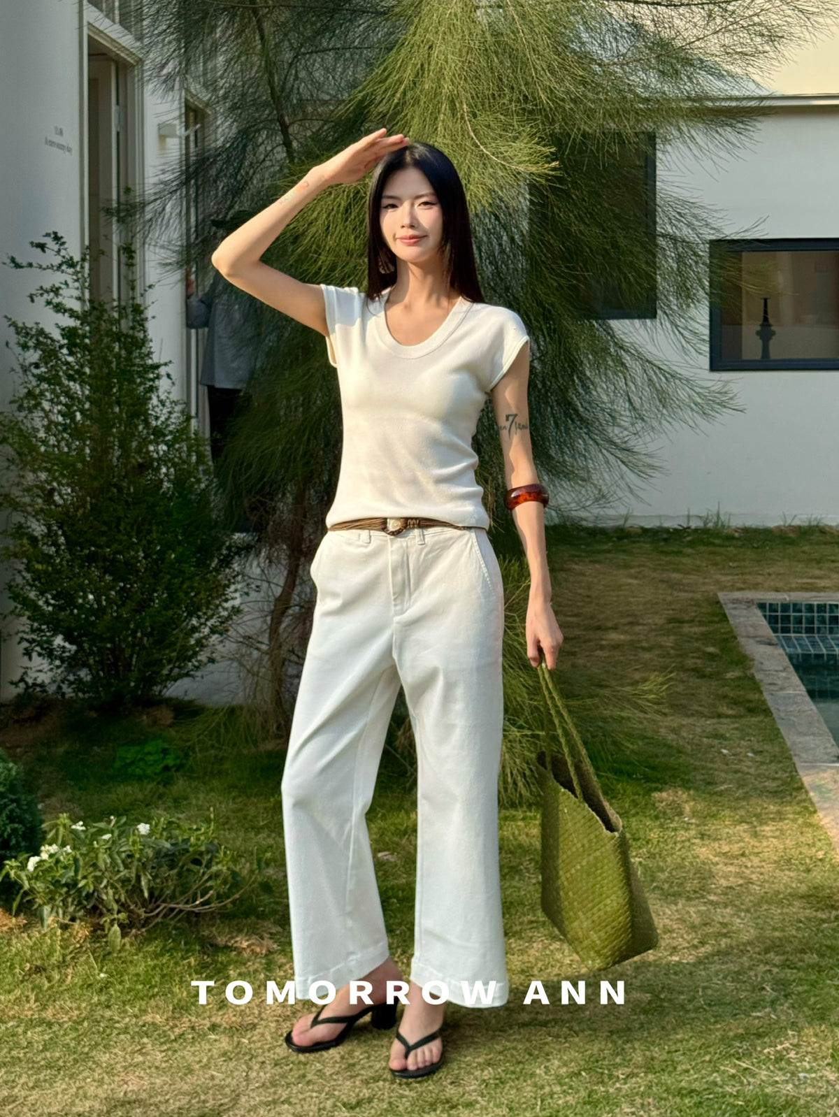 TOMORROW ANN Spring Elegant U-Neck Slim Fit Knit Short Sleeve Top