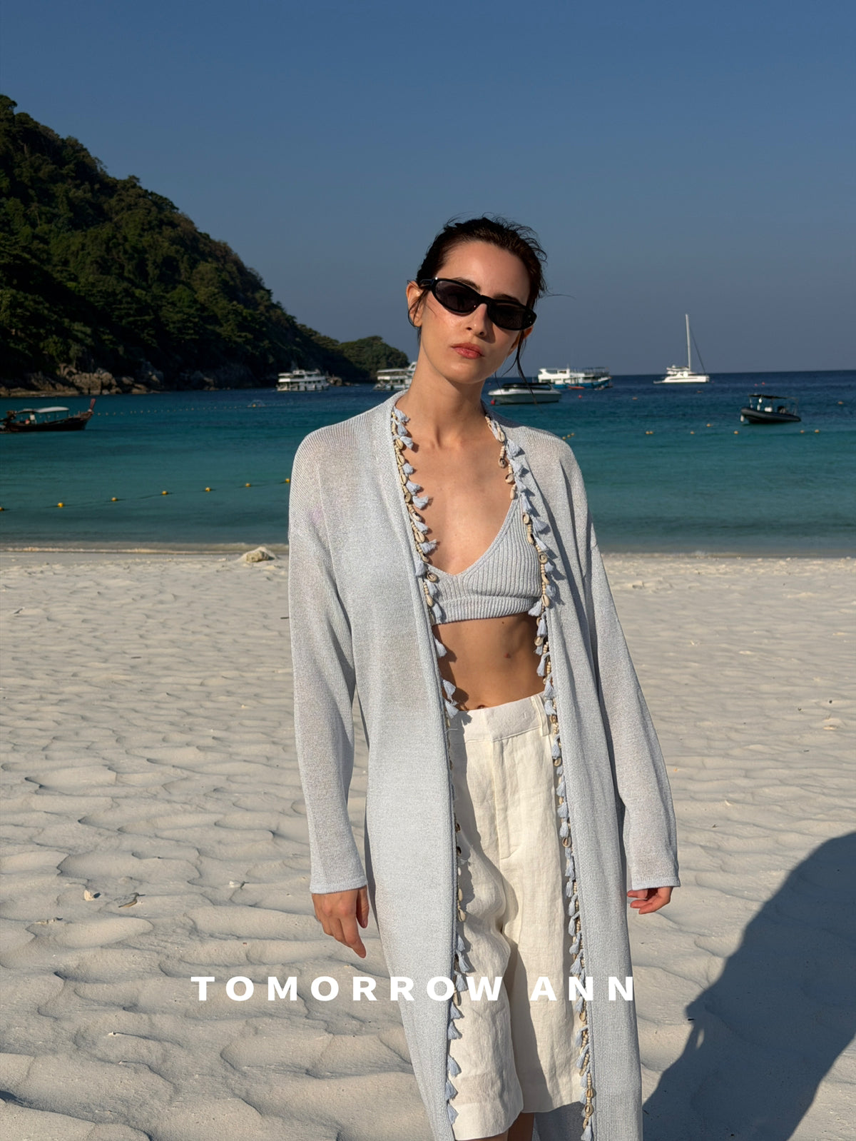TOMORROW ANN Early Spring Washi Yarn Shell Resort Style Long Knit Cardigan with Waist Rope