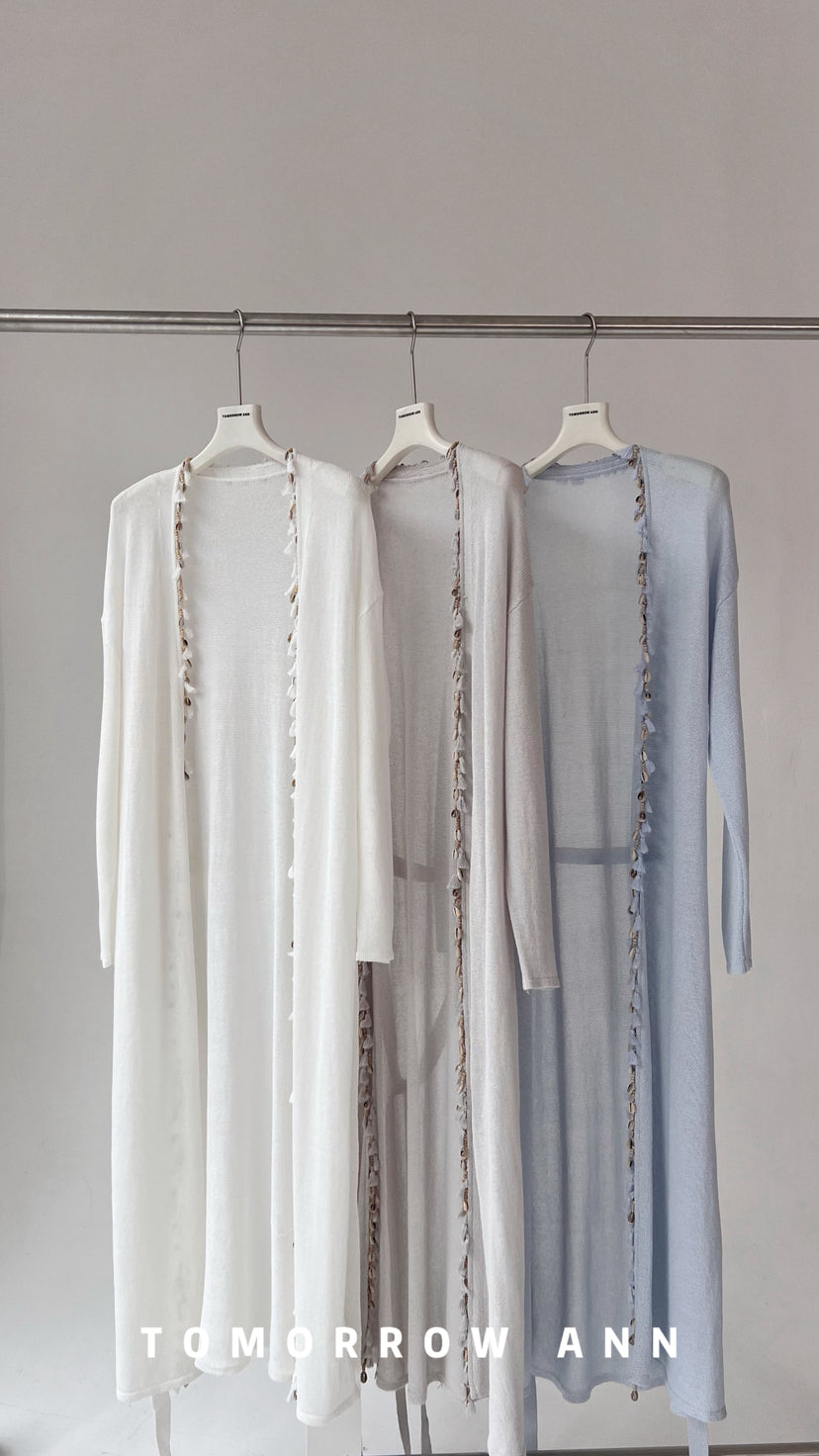 TOMORROW ANN Early Spring Washi Yarn Shell Resort Style Long Knit Cardigan with Waist Rope