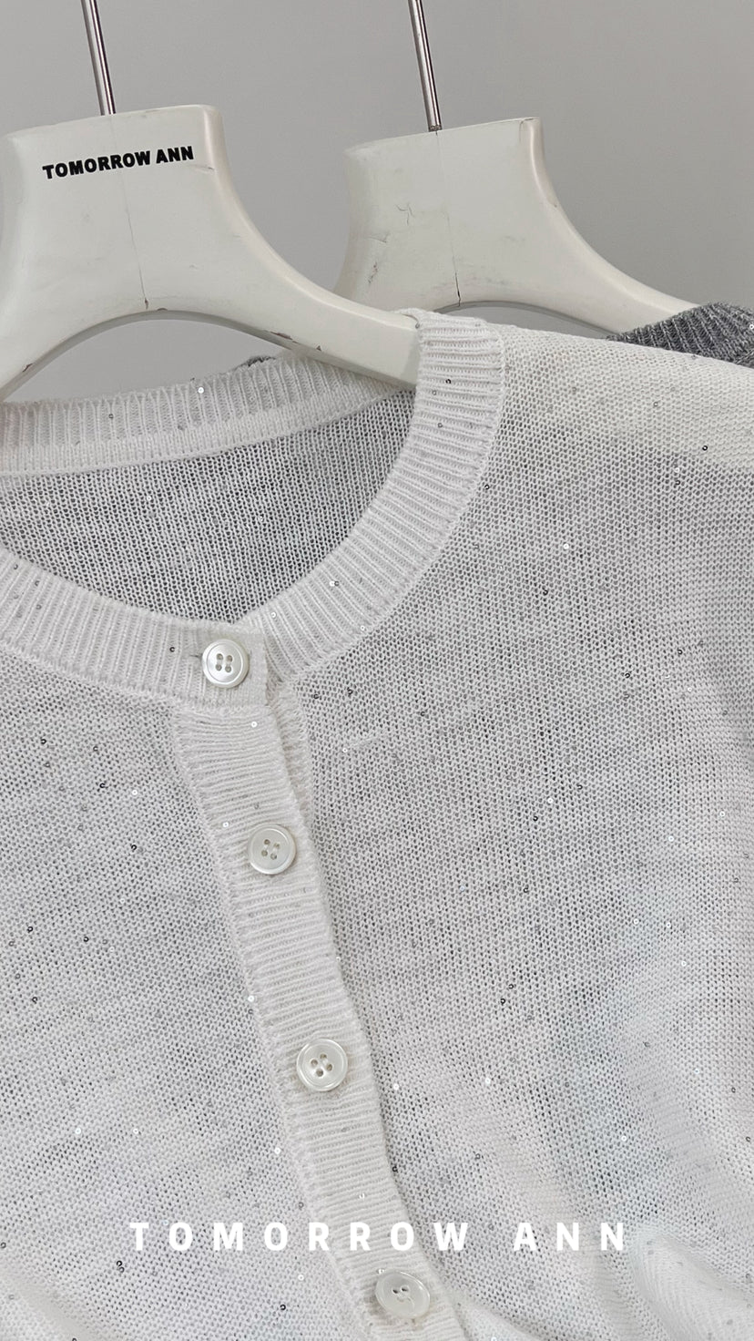 [TOMORROW ANN] 2026 Spring Collection Elegant Round Neck Sequin Knit Cardigan for Women