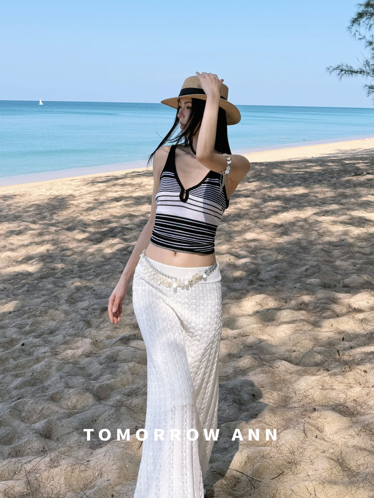 TOMORROW ANN Spring 2026 Elegant Hollow-Out Slimming A-Line Midi Skirt