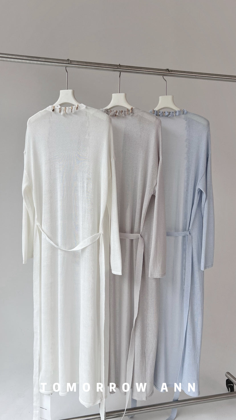 TOMORROW ANN Early Spring Washi Yarn Shell Resort Style Long Knit Cardigan with Waist Rope
