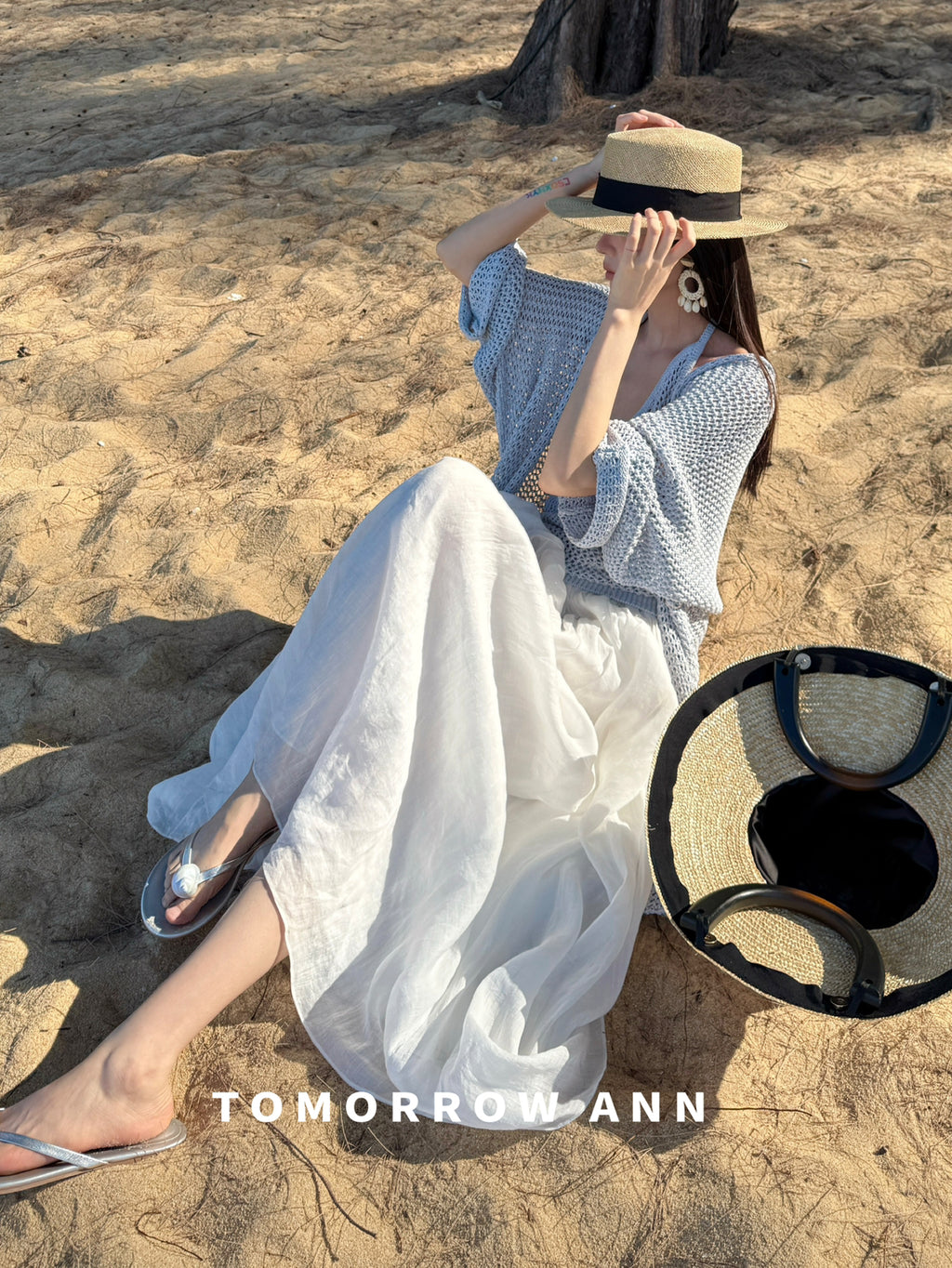 Tomorrow Ann Elegant Hollow-Out Minimalist Knit Cardigan with Waist Belt