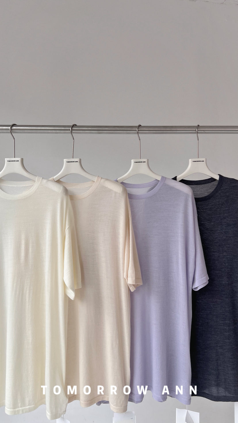 TOMORROW ANN Premium 100% Wool Minimalist Crew Neck Loose Fit Solid Short Sleeve T-Shirt