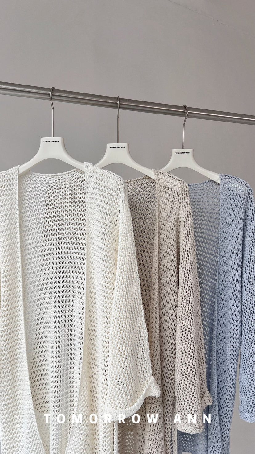Tomorrow Ann Elegant Hollow-Out Minimalist Knit Cardigan with Waist Belt