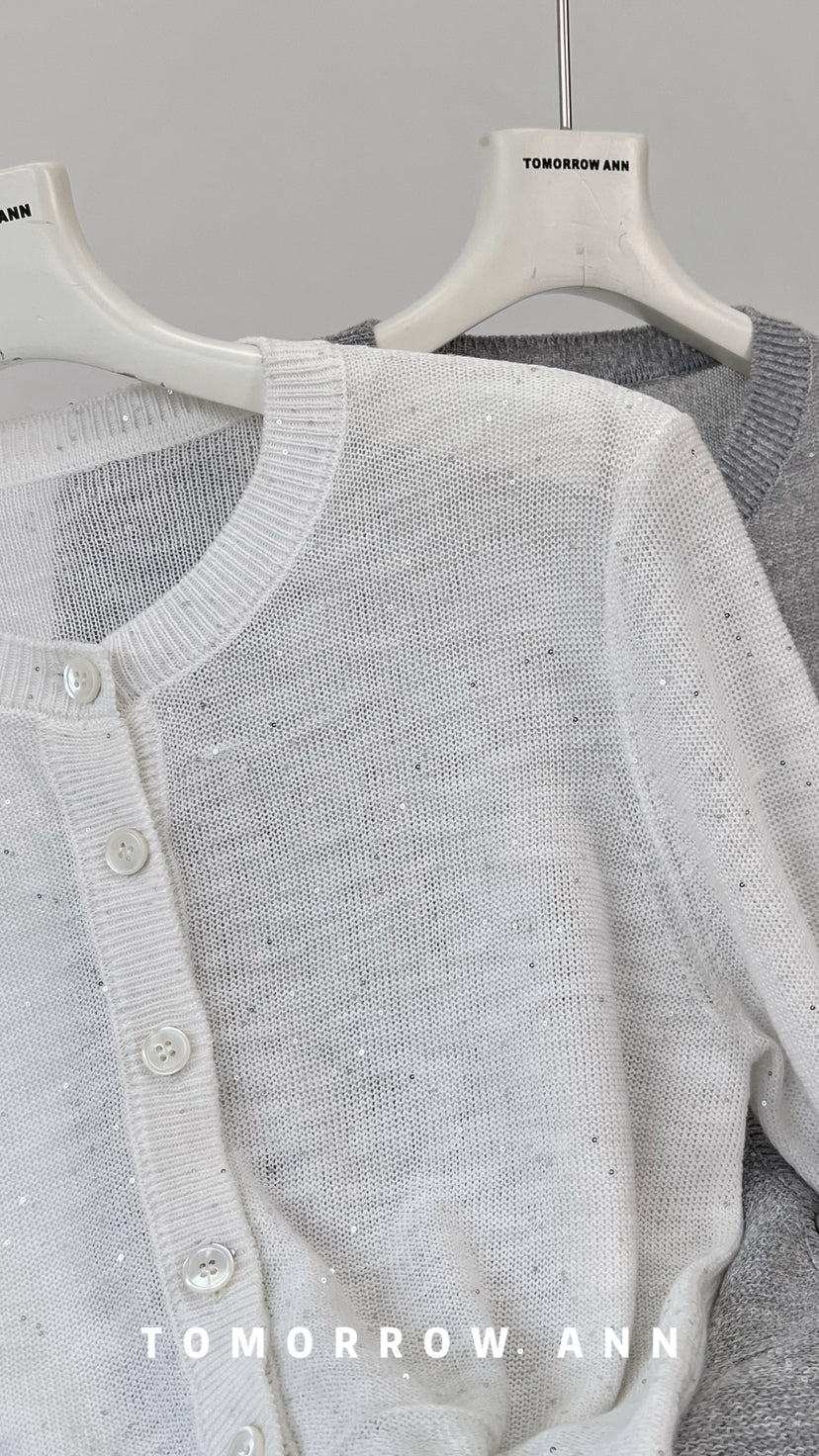 [TOMORROW ANN] 2026 Spring Collection Elegant Round Neck Sequin Knit Cardigan for Women