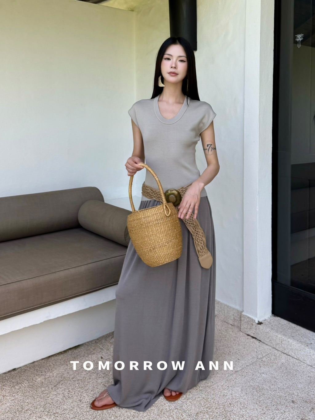 TOMORROW ANN Spring Elegant U-Neck Slim Fit Knit Short Sleeve Top