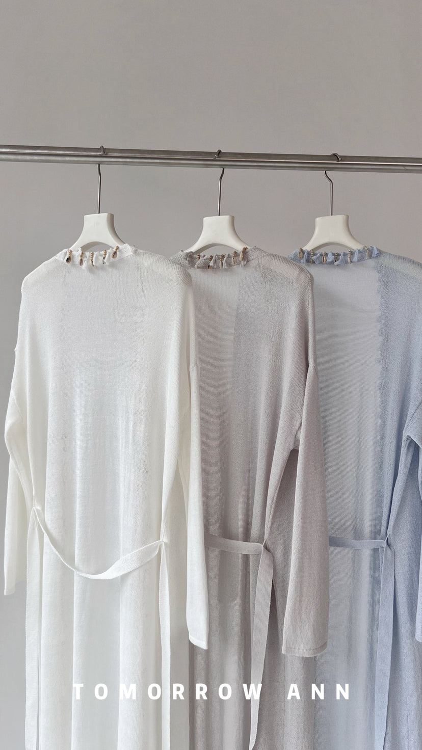 TOMORROW ANN Early Spring Washi Yarn Shell Resort Style Long Knit Cardigan with Waist Rope