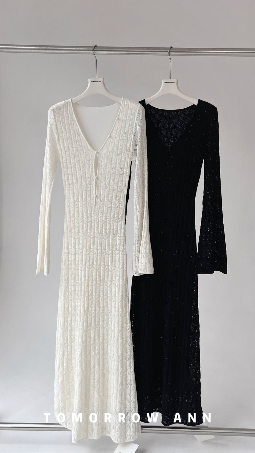 TOMORROW ANN 2026 Early Spring Elegant V-Neck Wool Blend Solid Color Maxi Dress