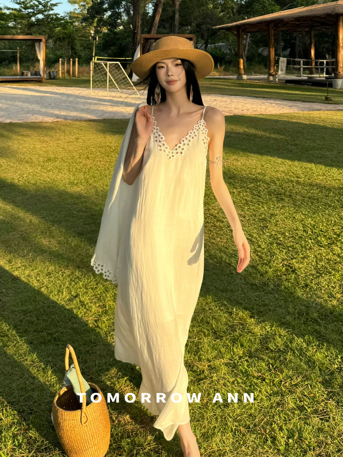 TOMORROW ANN Spring 2026 Elegant White Embroidery Cami Dress for Vacation