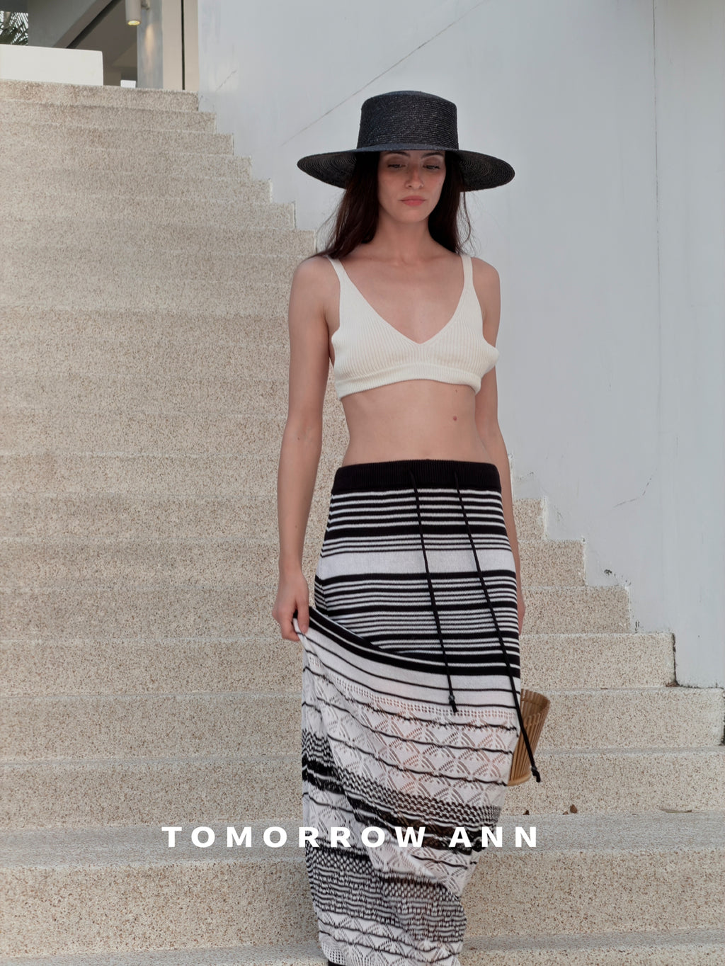 TOMORROW ANN Elegant Striped Drawstring Casual Midi Skirt - Spring 2026 New Arrival