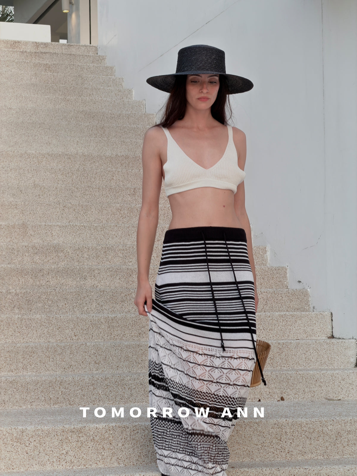 TOMORROW ANN Elegant Striped Drawstring Casual Midi Skirt - Spring 2026 New Arrival