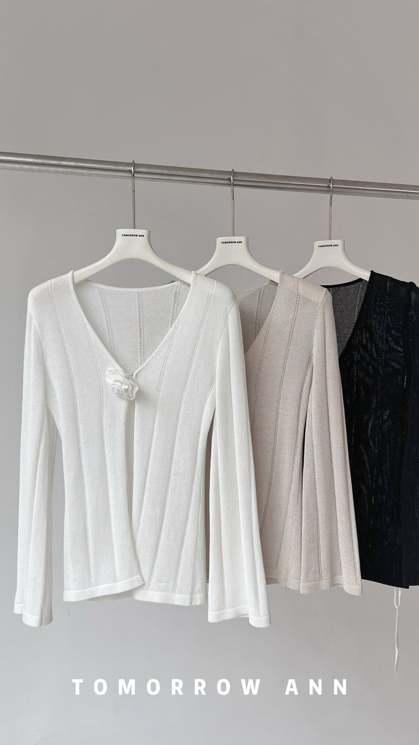 TOMORROW ANN 2026 Early Spring Elegant V-Neck Knit Cardigan with Designer Brooch - Minimalist Solid Color Fine Knit Sweater