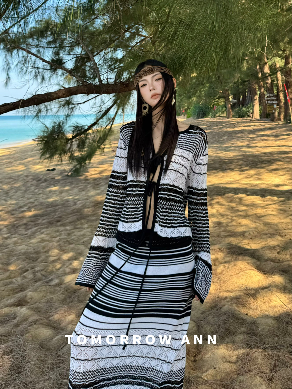 TOMORROW ANN Elegant Striped Drawstring Casual Midi Skirt - Spring 2026 New Arrival