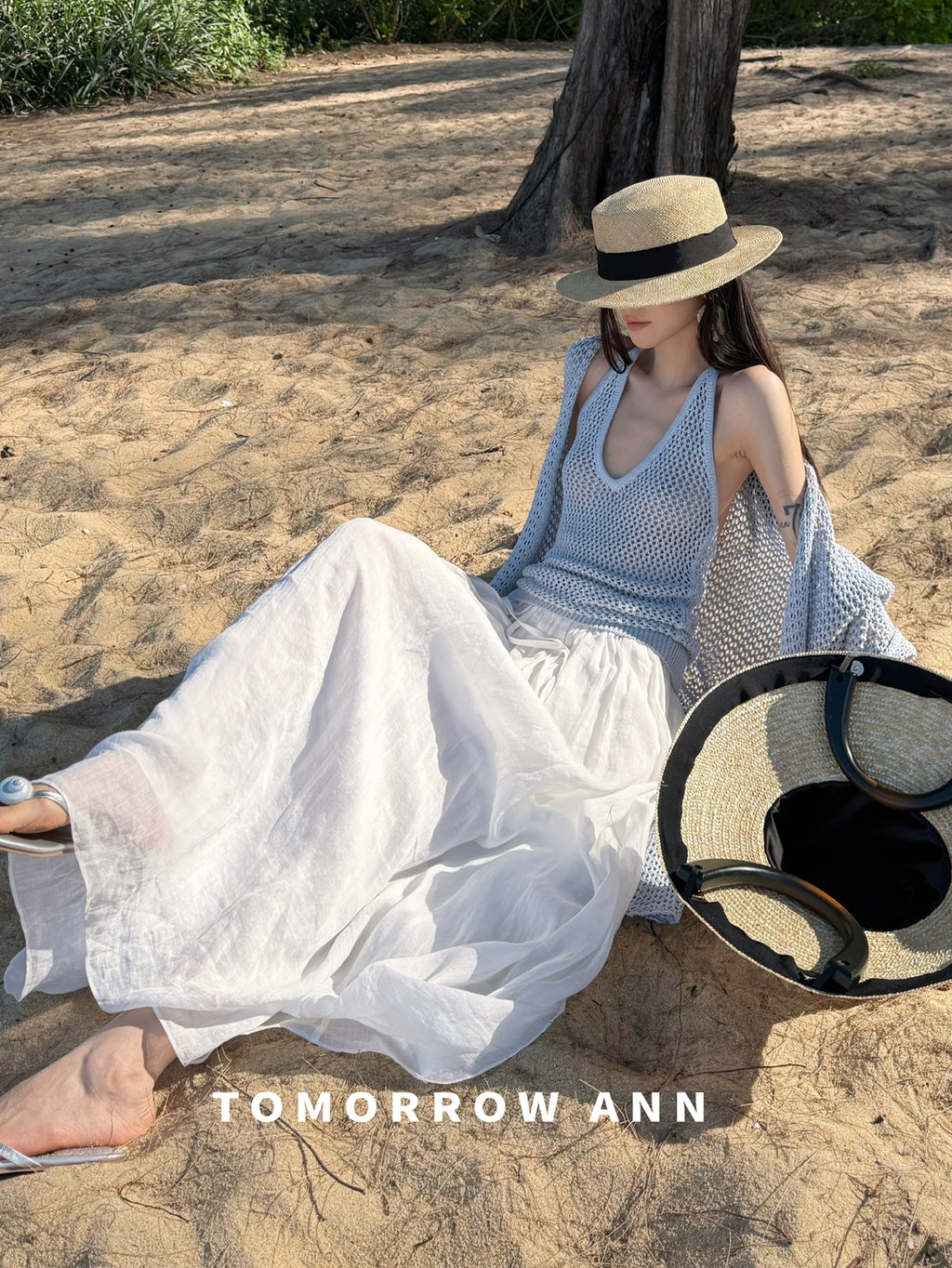 Tomorrow Ann Elegant Hollow-Out Minimalist Knit Cardigan with Waist Belt