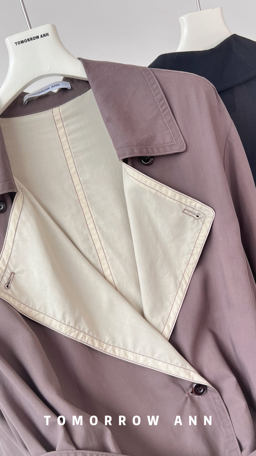 TOMORROW ANN 2026 Spring Collection! Elegant Relaxed Contrast Lapel Long Trench Coat with Belt