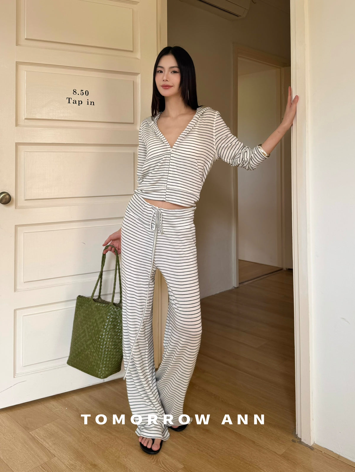 Tomorrow Ann Women's Premium Wool Blend Drawstring Slimming Casual Pants - High Waist Straight Leg Striped Trousers