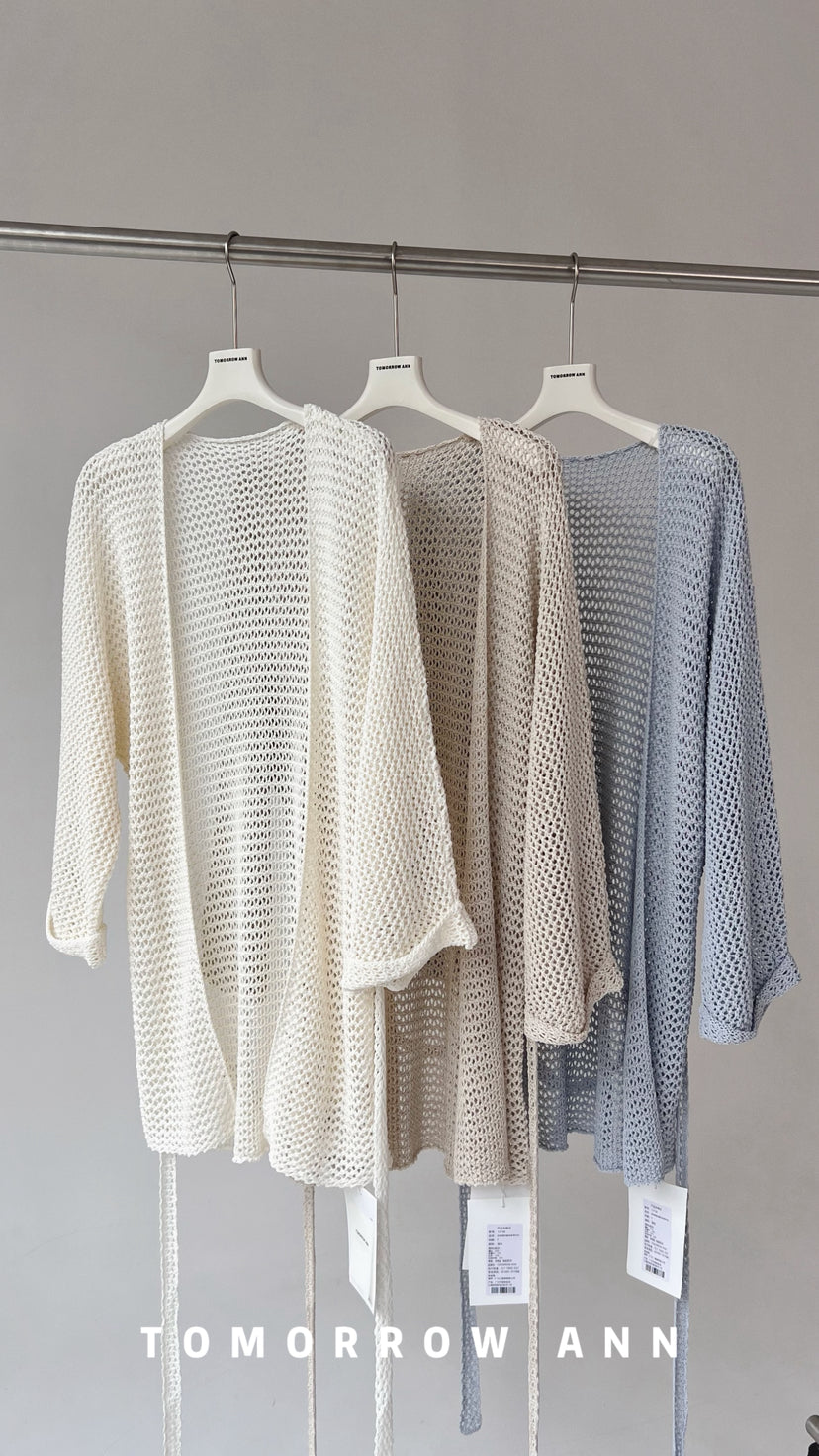 Tomorrow Ann Elegant Hollow-Out Minimalist Knit Cardigan with Waist Belt