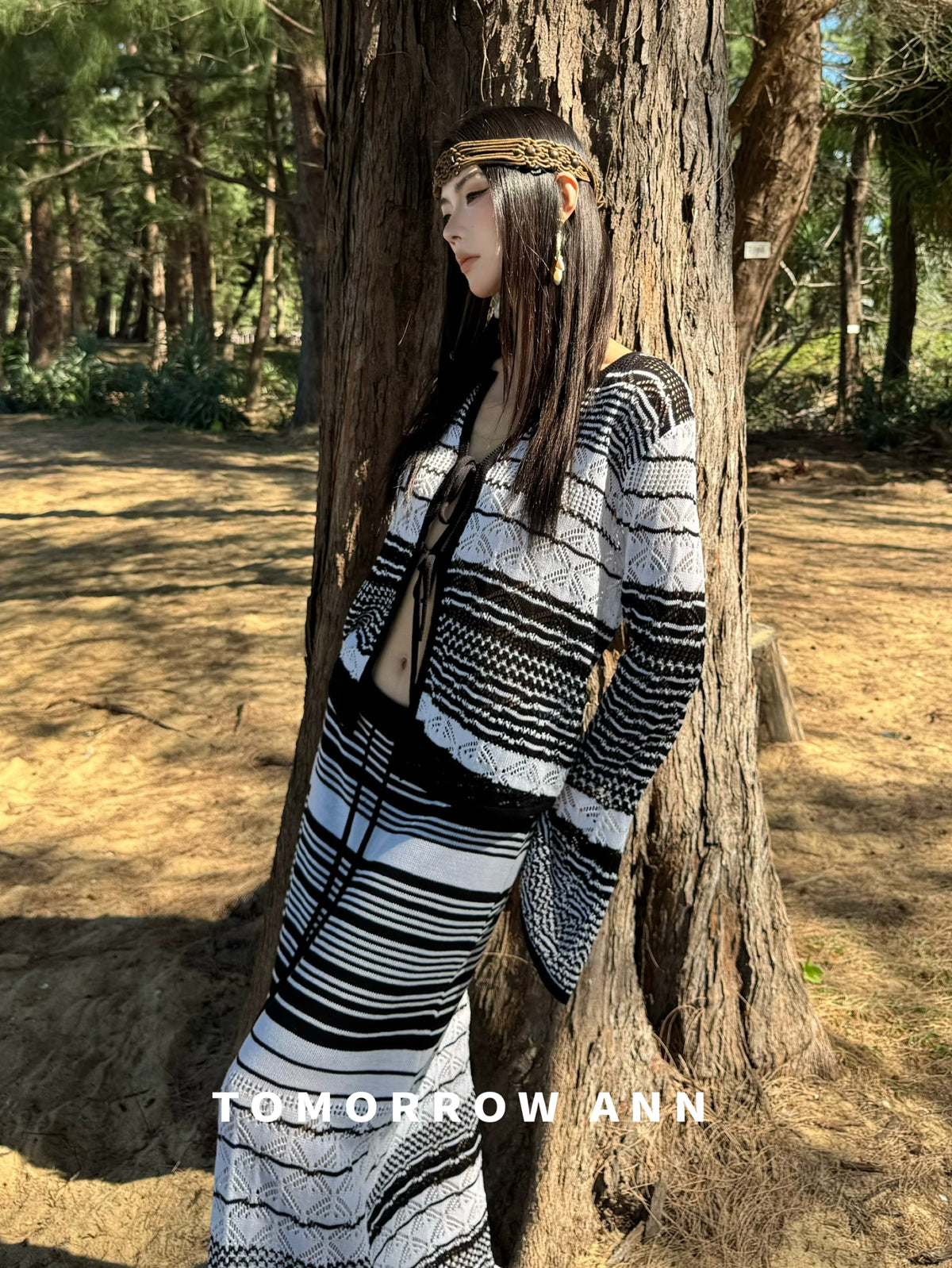 TOMORROW ANN Elegant Striped Drawstring Casual Midi Skirt - Spring 2026 New Arrival