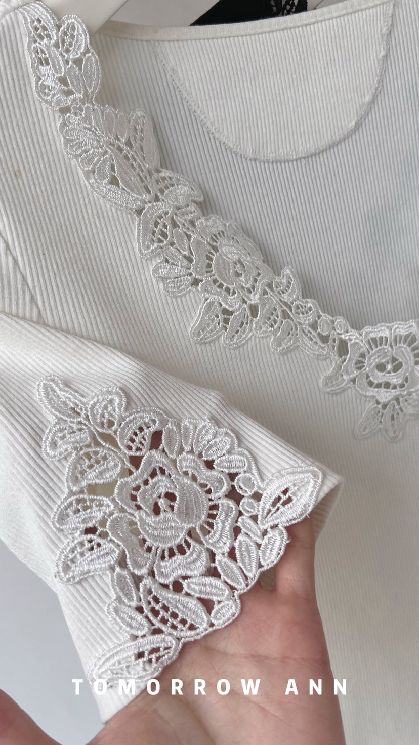 Early Spring 2026! 【TOMORROW ANN】Vintage Lace Patchwork Slimming Knit Top 12895# OZQ