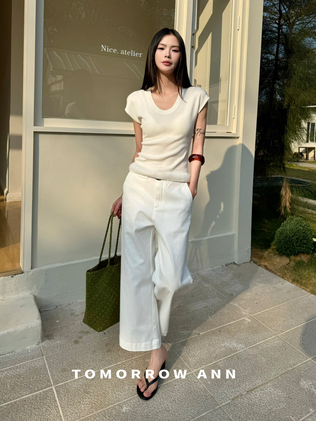 TOMORROW ANN Spring Elegant U-Neck Slim Fit Knit Short Sleeve Top