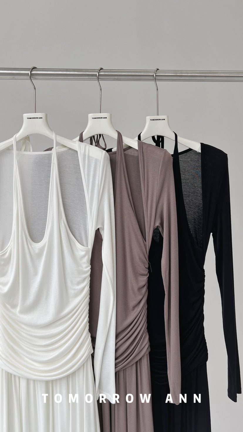 TOMORROW ANN Minimalist Ruched Halter Neck Long Sleeve Maxi Dress