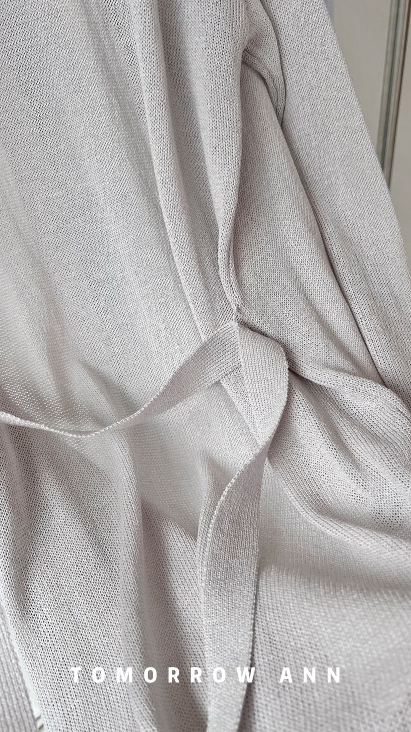 TOMORROW ANN Early Spring Washi Yarn Shell Resort Style Long Knit Cardigan with Waist Rope