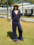 Tomorrow Ann Women's Premium Wool Blend Drawstring Slimming Casual Pants - High Waist Straight Leg Striped Trousers