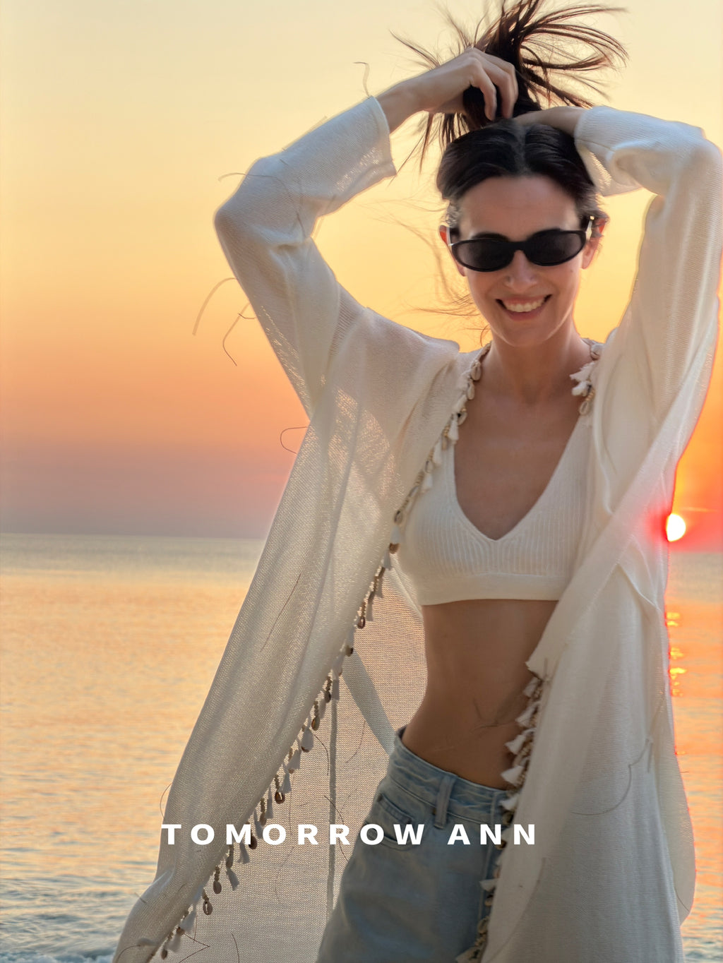 TOMORROW ANN Early Spring Washi Yarn Shell Resort Style Long Knit Cardigan with Waist Rope