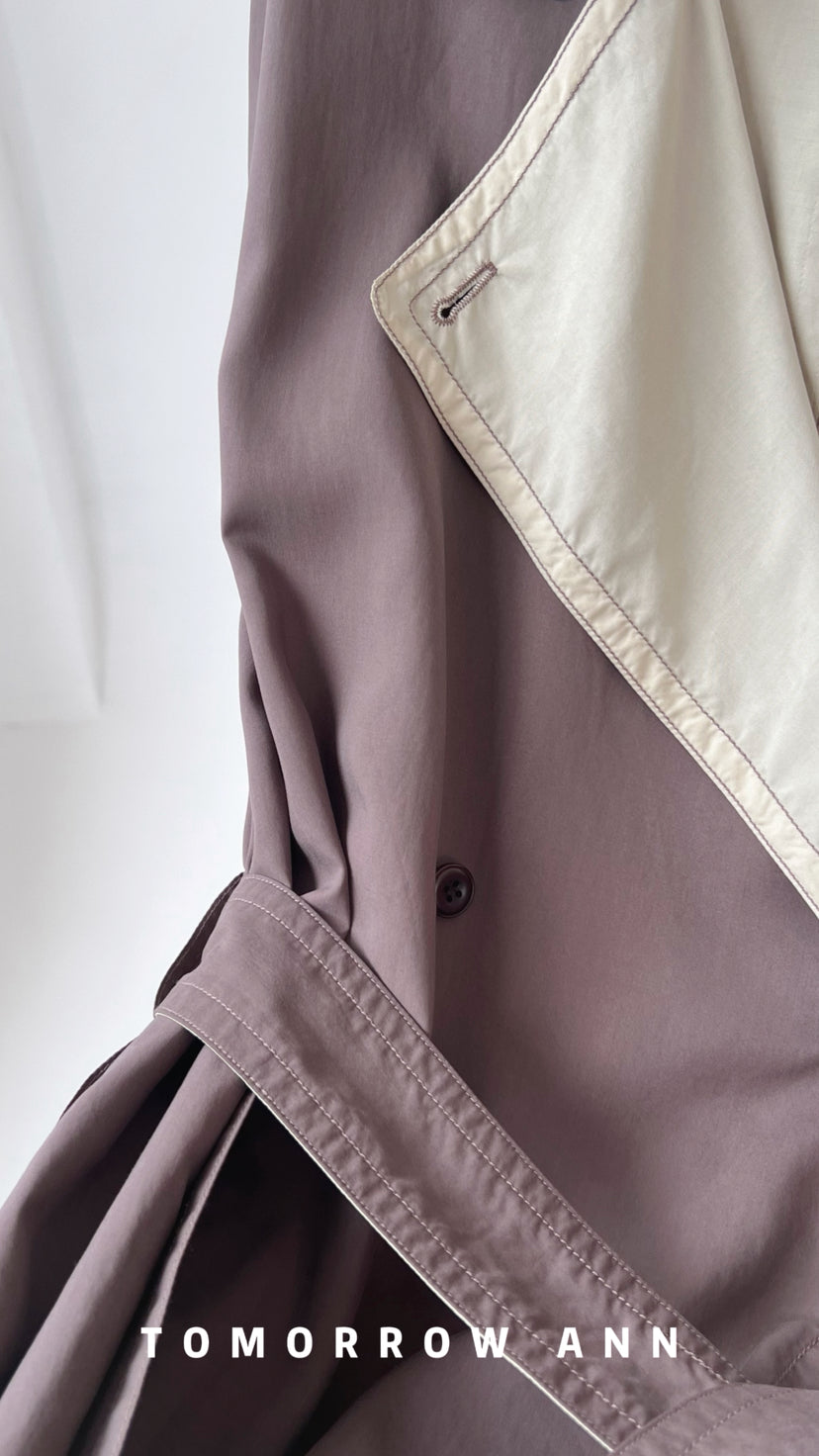 TOMORROW ANN 2026 Spring Collection! Elegant Relaxed Contrast Lapel Long Trench Coat with Belt