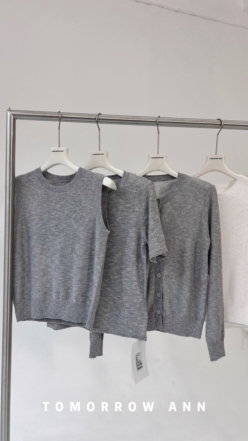 [TOMORROW ANN] 2026 Spring Collection Elegant Round Neck Sequin Knit Cardigan for Women