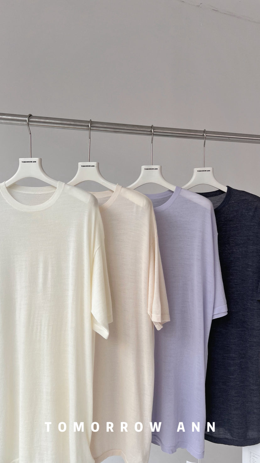TOMORROW ANN Premium 100% Wool Minimalist Crew Neck Loose Fit Solid Short Sleeve T-Shirt