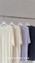 TOMORROW ANN Premium 100% Wool Minimalist Crew Neck Loose Fit Solid Short Sleeve T-Shirt
