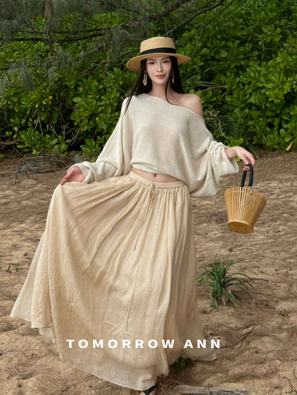 TOMORROW ANN Elegant High-Waist A-Line Maxi Skirt with Minimalist Drawstring – 2026 Spring Fashion