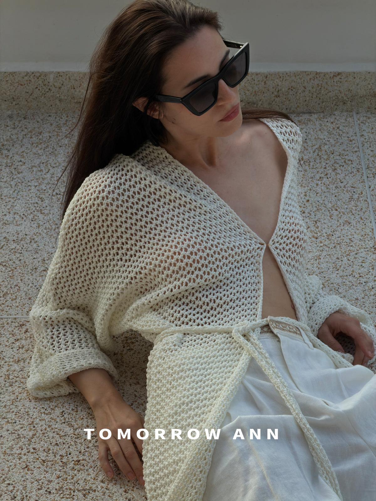 Tomorrow Ann Elegant Hollow-Out Minimalist Knit Cardigan with Waist Belt