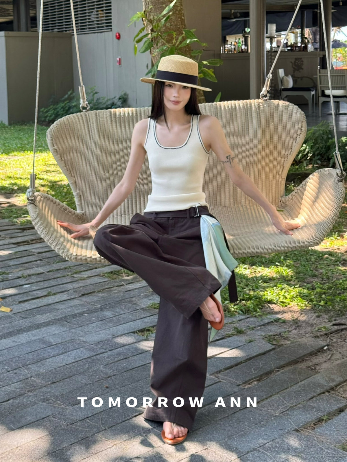 TOMORROW ANN Spring 2026 Elegant Straight-Leg Casual Pants with Belt - Slimming Loose Fit Trousers