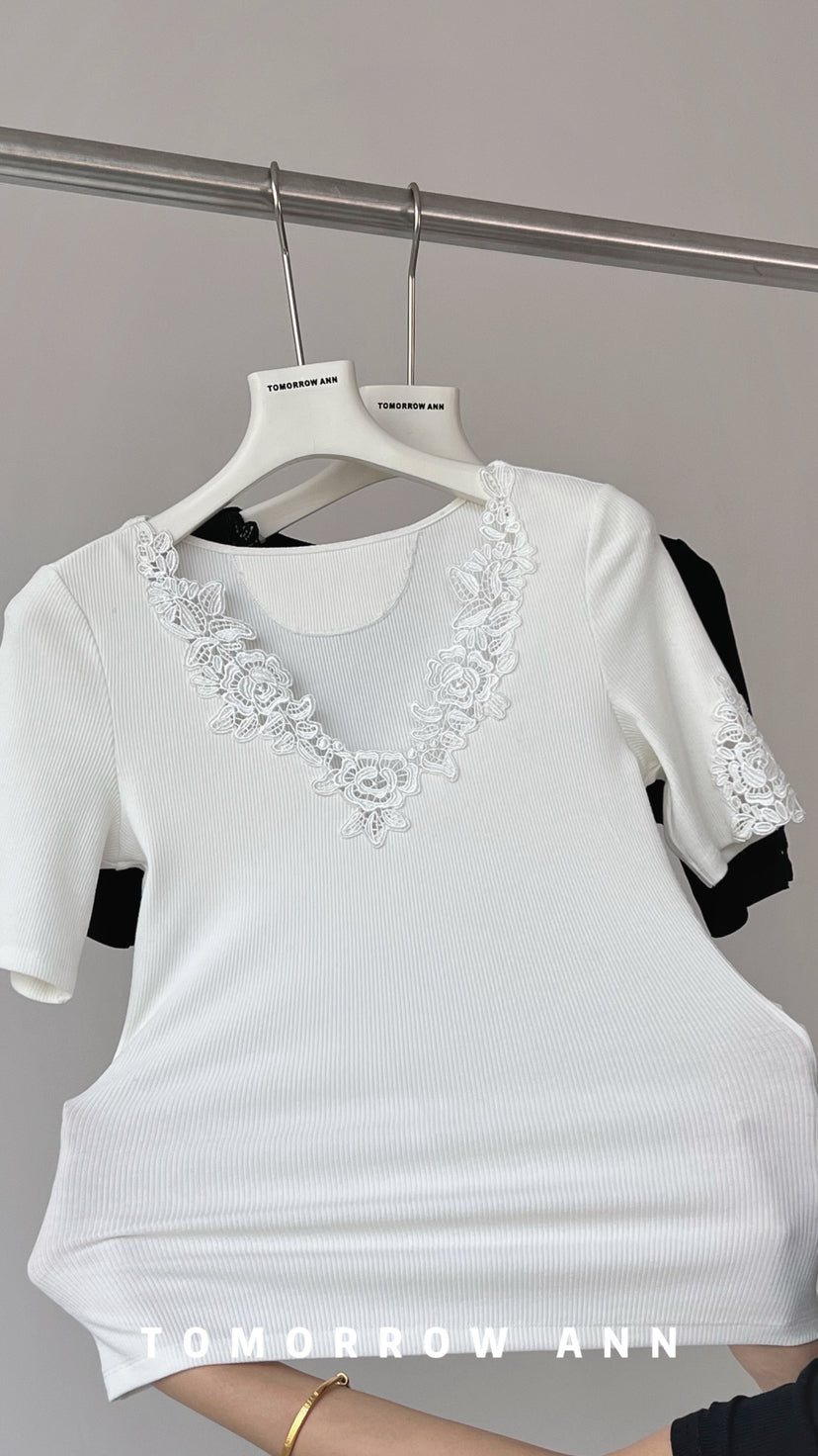 Early Spring 2026! 【TOMORROW ANN】Vintage Lace Patchwork Slimming Knit Top 12895# OZQ