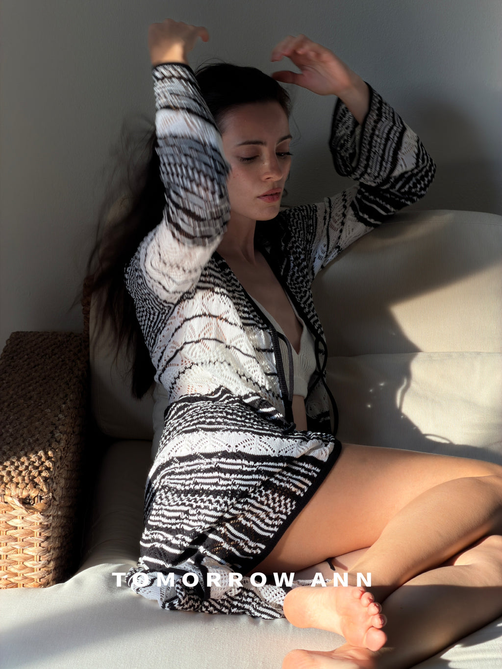 [TOMORROW ANN] Elegant Chic Striped Long Knit Cardigan for Women