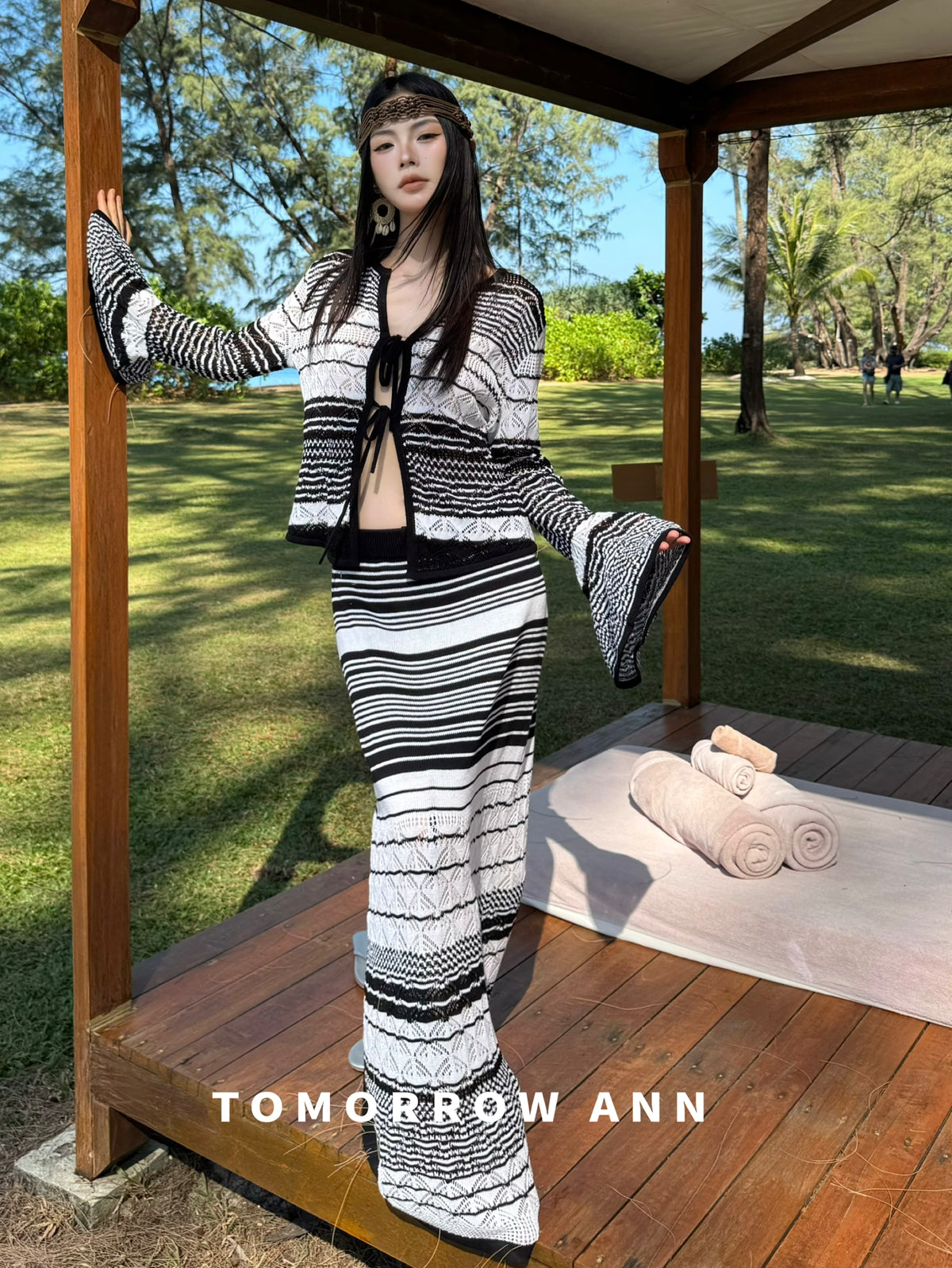 TOMORROW ANN Elegant Striped Drawstring Casual Midi Skirt - Spring 2026 New Arrival