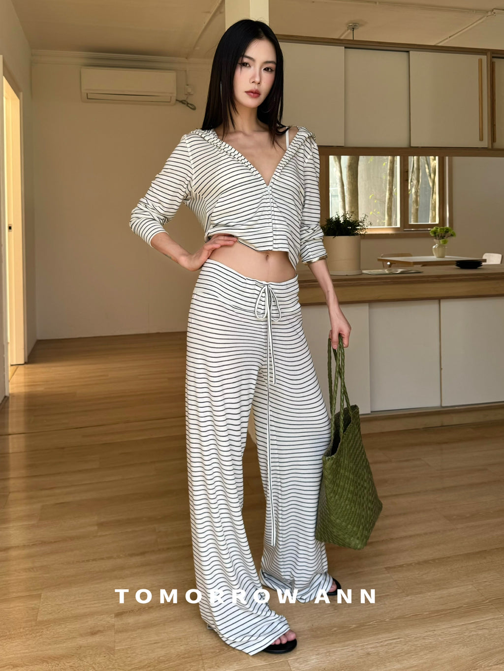 Tomorrow Ann Women's Premium Wool Blend Drawstring Slimming Casual Pants - High Waist Straight Leg Striped Trousers