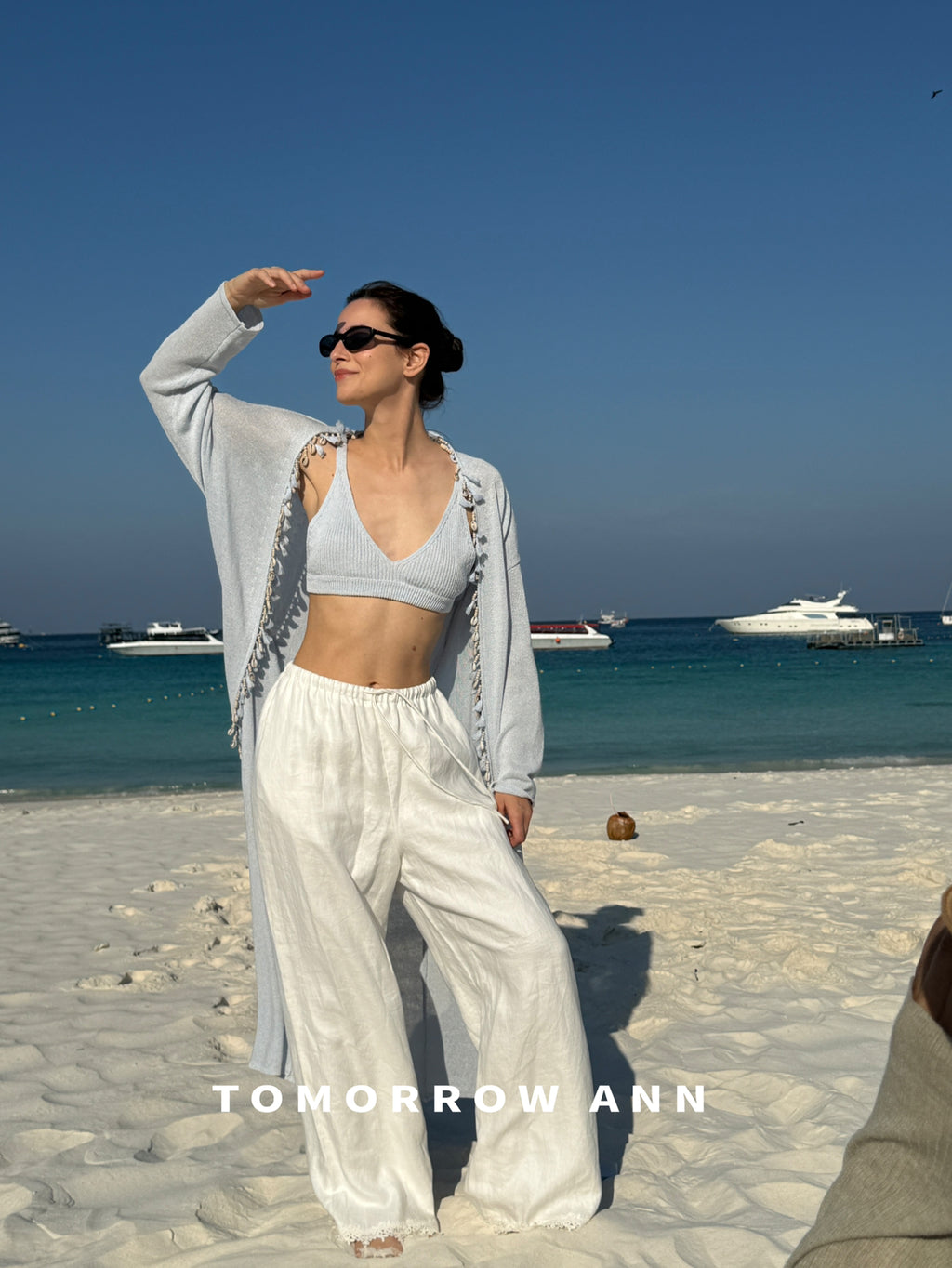 TOMORROW ANN Early Spring Washi Yarn Shell Resort Style Long Knit Cardigan with Waist Rope