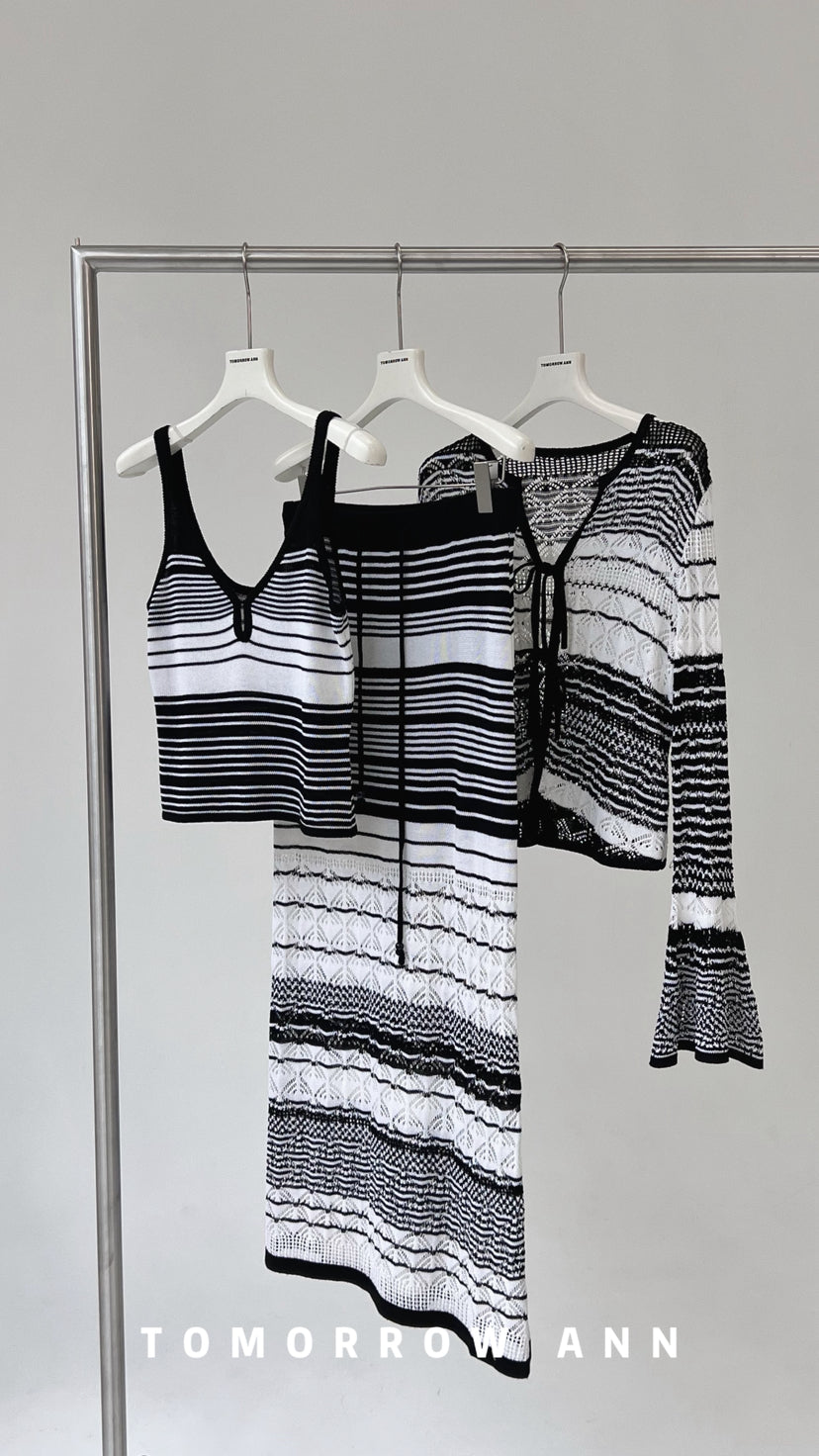 TOMORROW ANN Elegant Striped Drawstring Casual Midi Skirt - Spring 2026 New Arrival